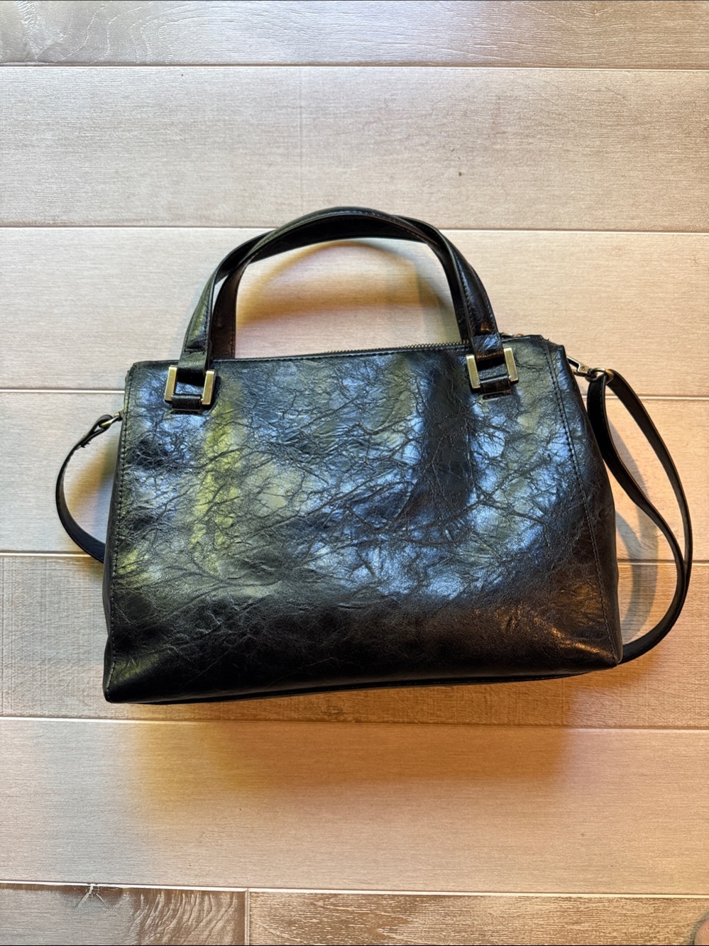 Black Leather Top-Handle Tote Bag with Removable Crossbody Strap